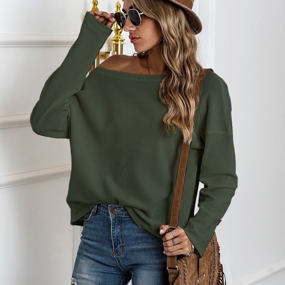 apricot oversized off shoulder waffle knit top - Picture 9 of 12